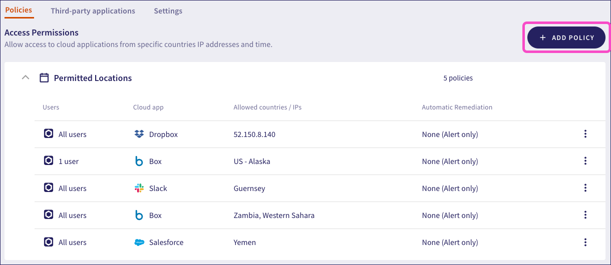 Access permissions add policy button