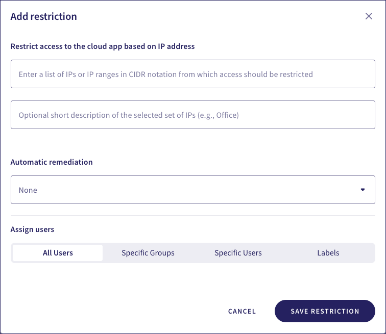 Add restriction dialog