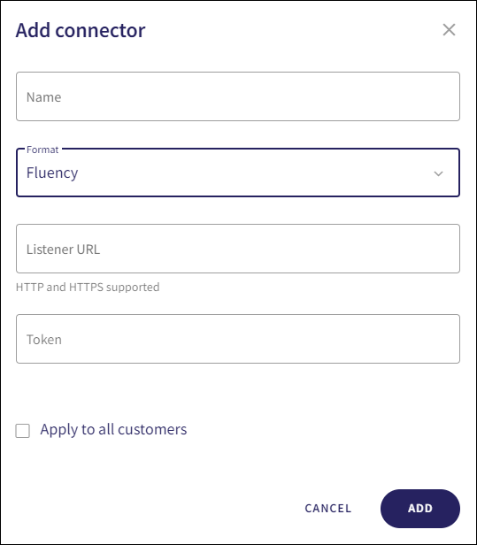 The Fluency Add connector dialog