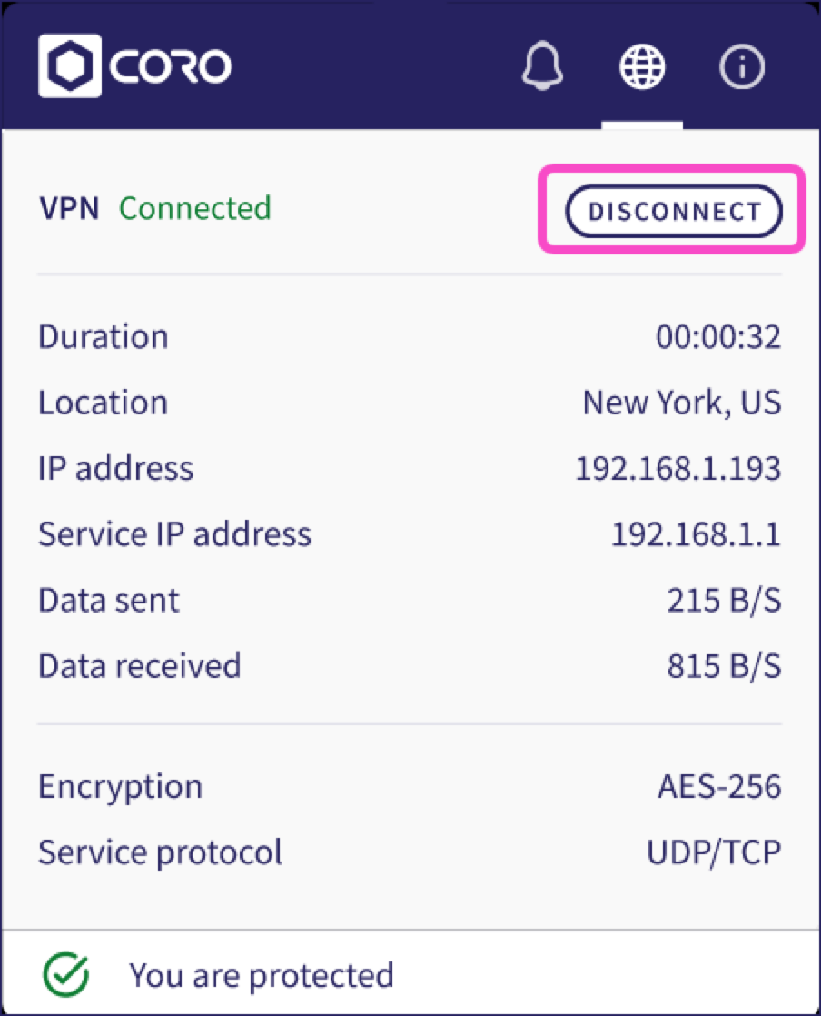VPN connected with option to disconnect