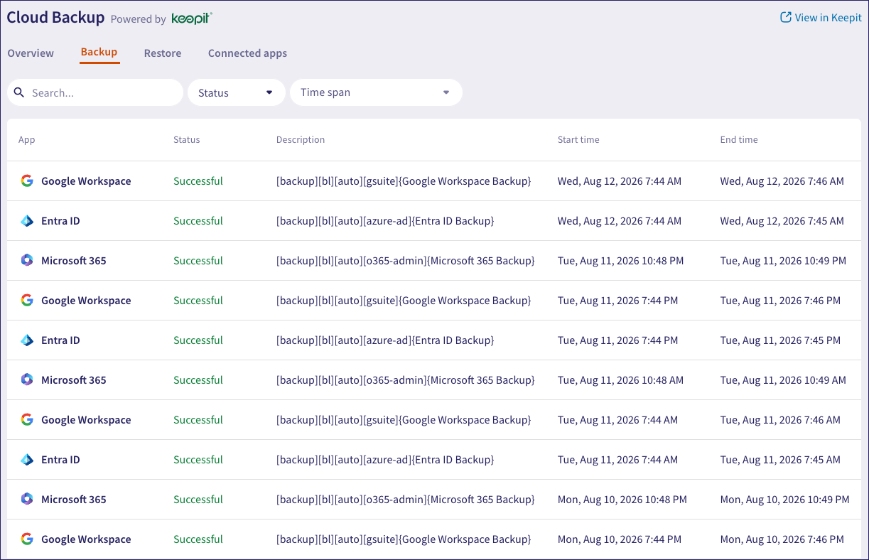 Cloud Backup Backups page