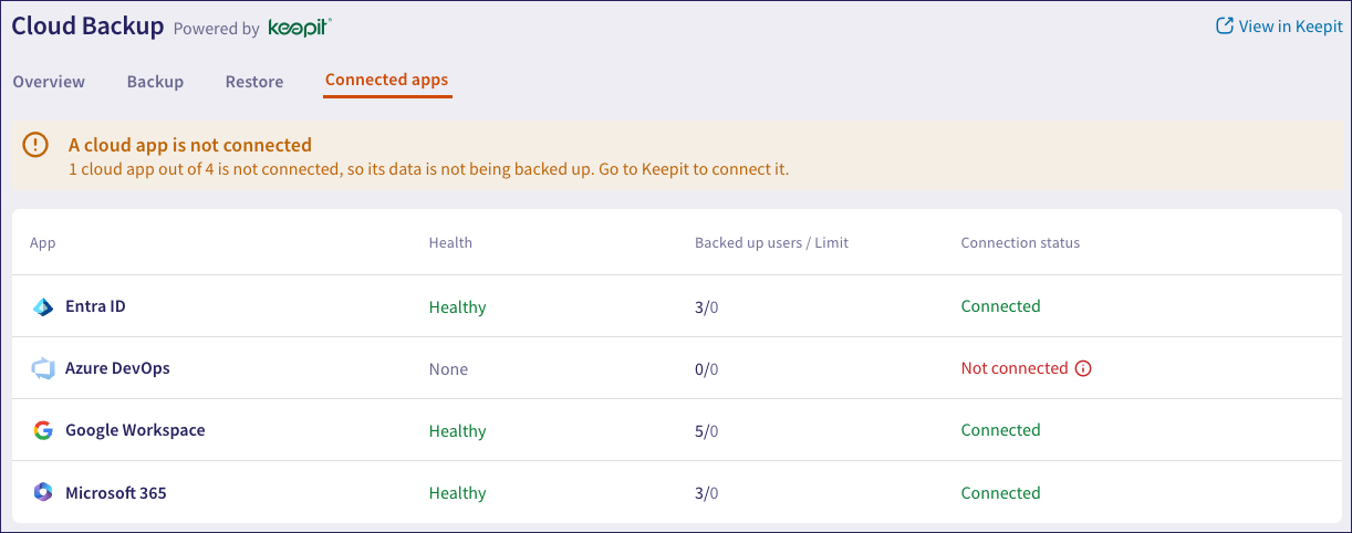 Cloud Backup Connected Apps page