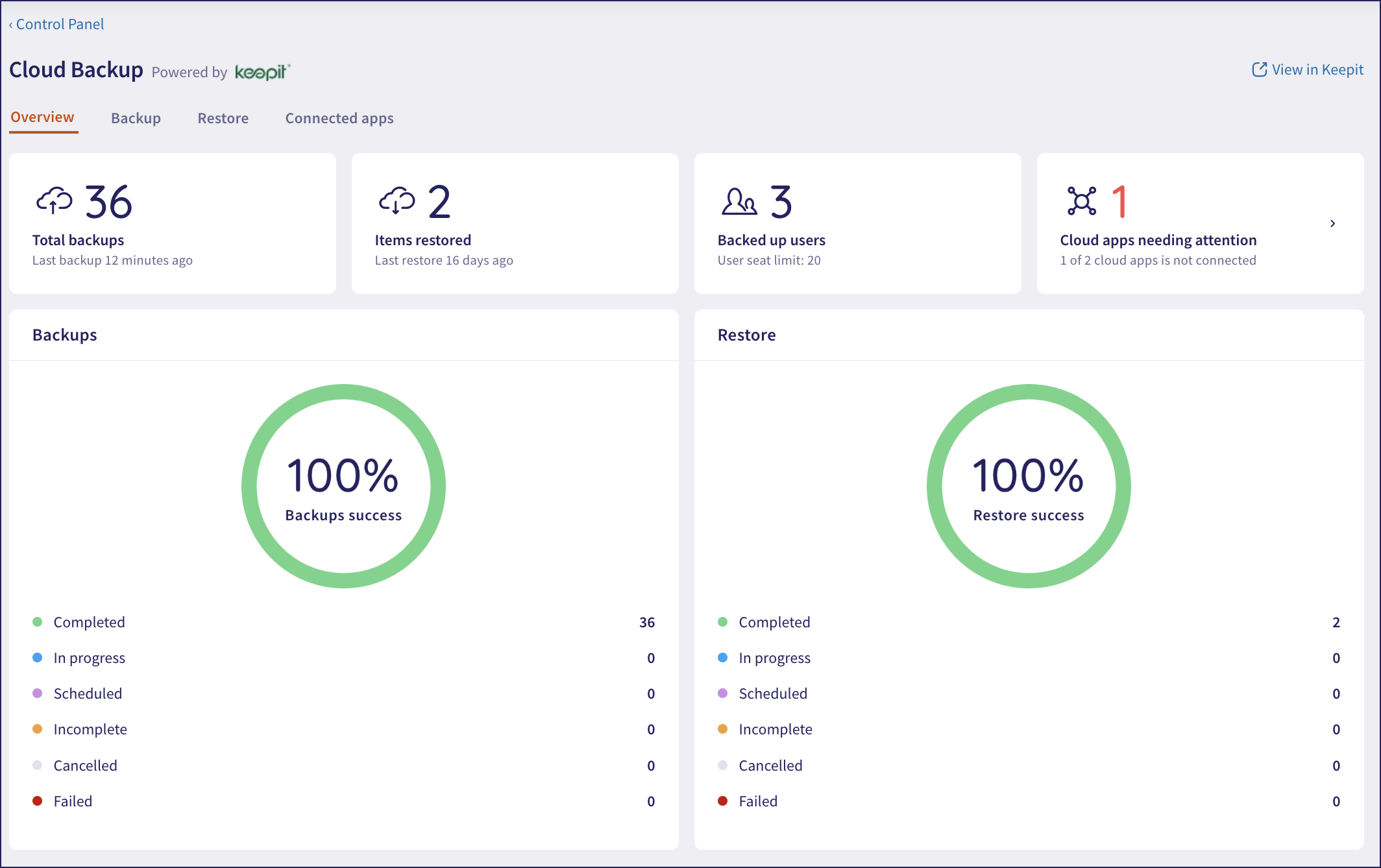 Cloud Backup overview page