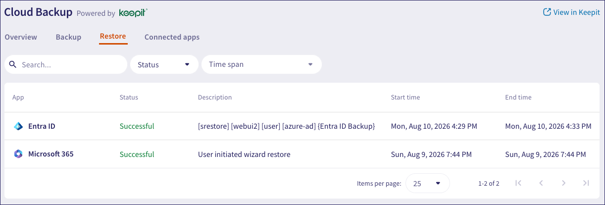 Cloud Backup Restores page