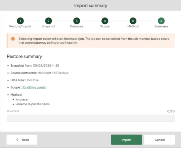 Restore summary dialog