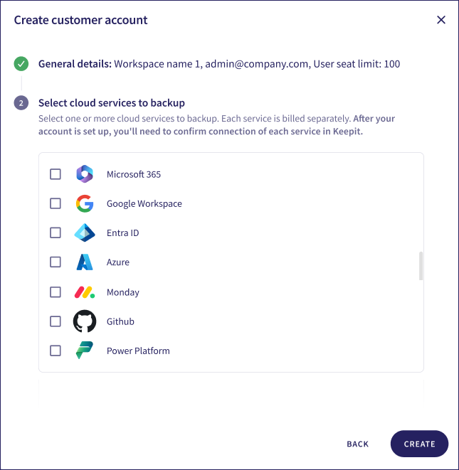 Create customer account dialog - select cloud apps to back up