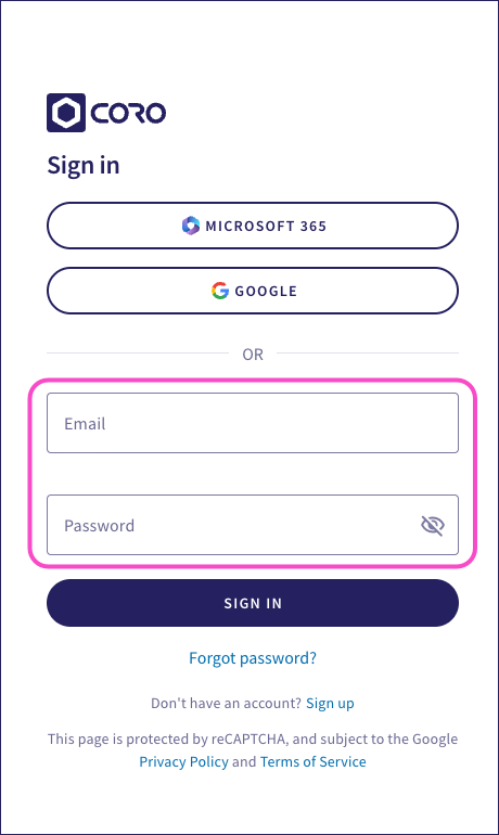 Coro console sign-in