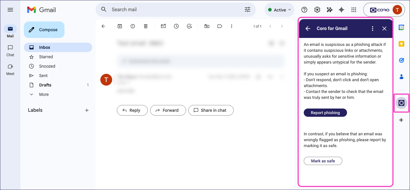 Coro add-in side panel in Gmail