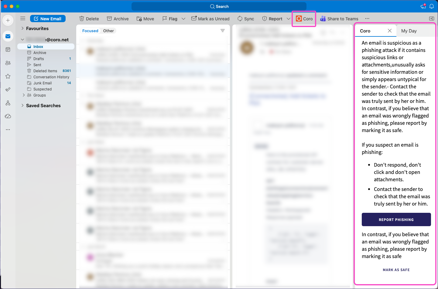 Coro add-in side panel on Outlook for mac