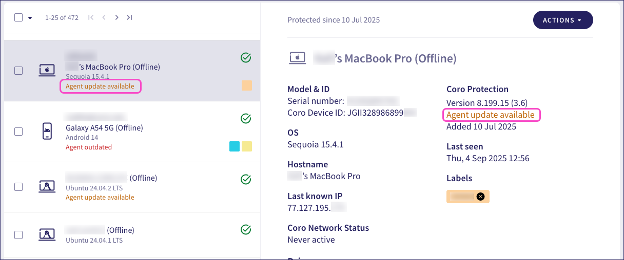Device update status indicators