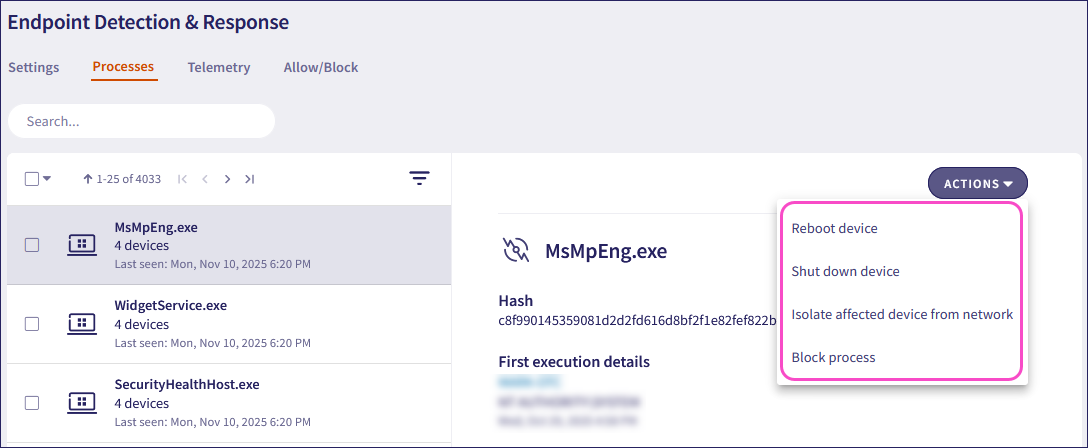 Process actions