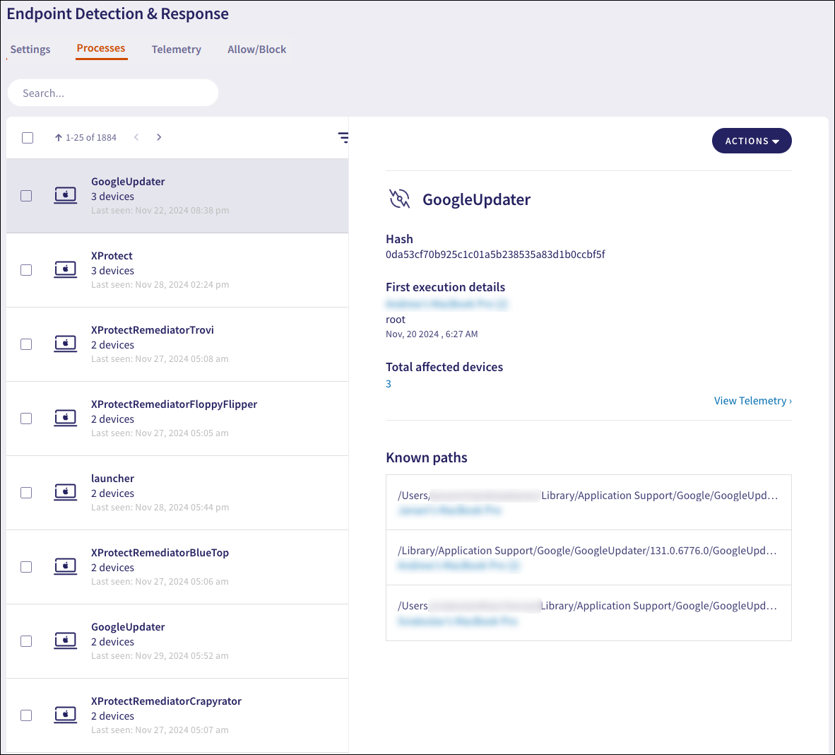 EDR Processes page