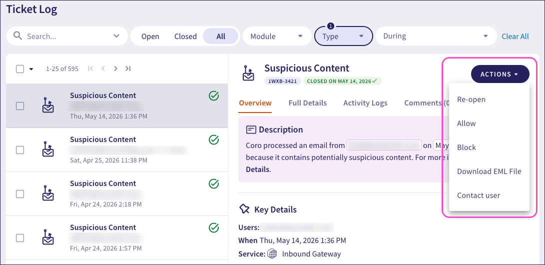 Email Security ticket actions