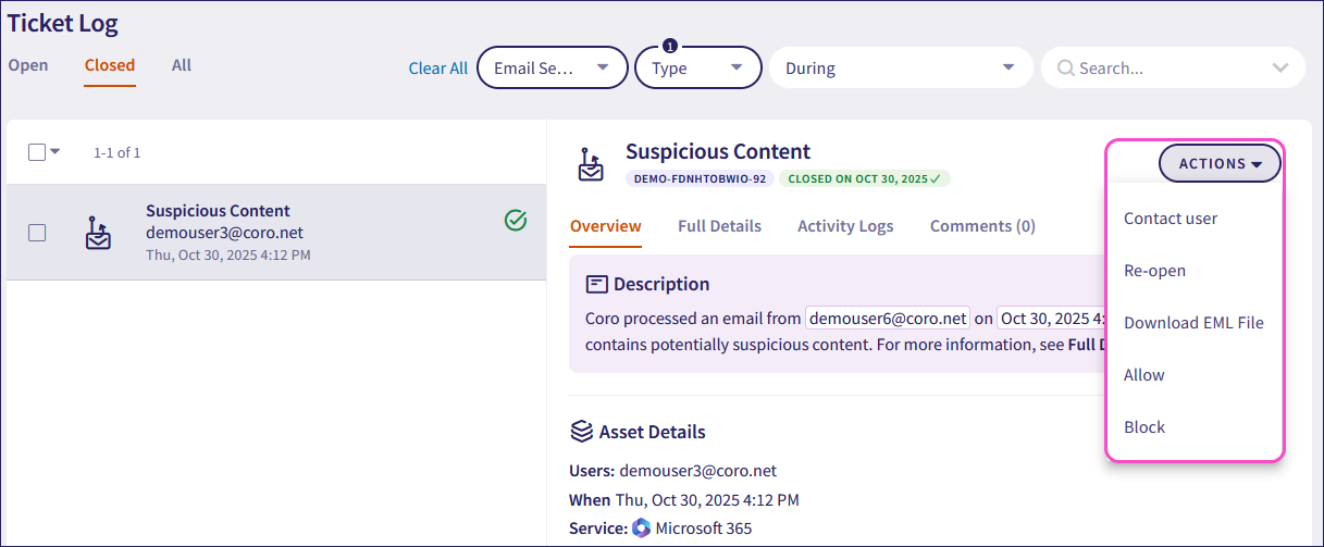 Email Security ticket actions
