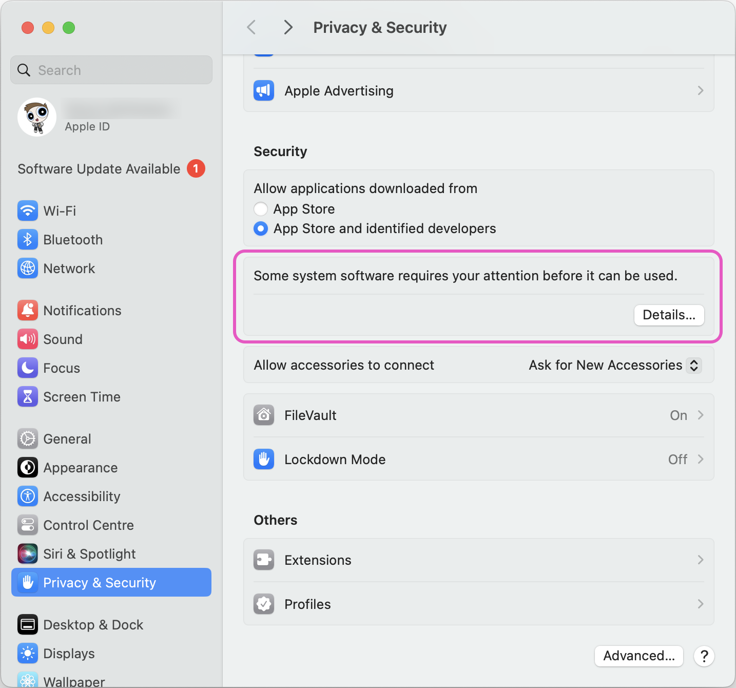 macOS privacy and security - software requires your attention