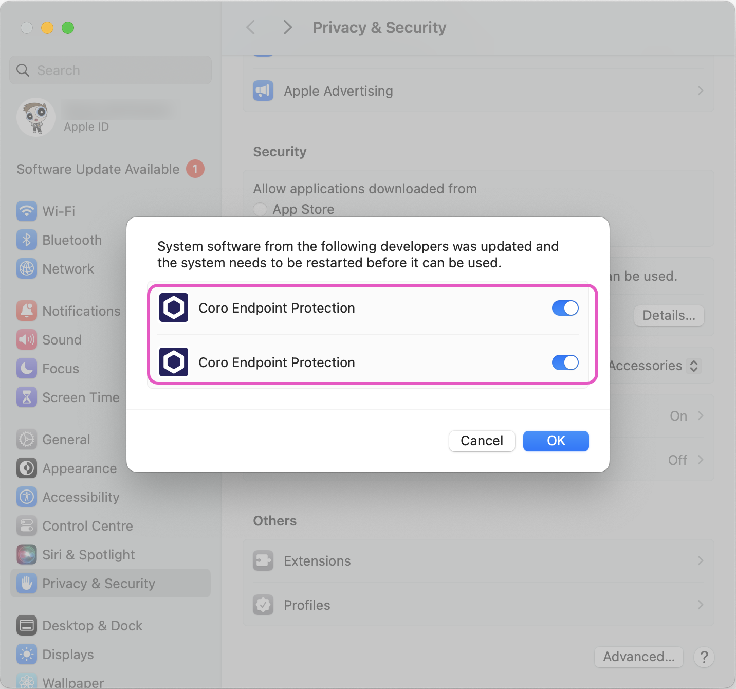 macOS privacy and security - enable Coro Endpoint Protection
