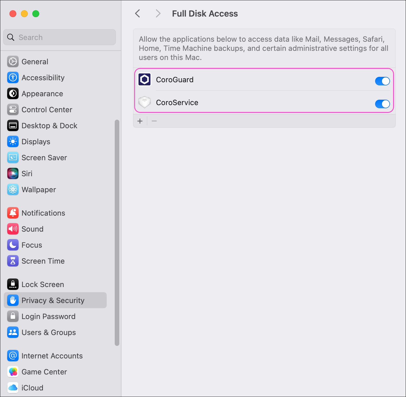 Enable full disk access
