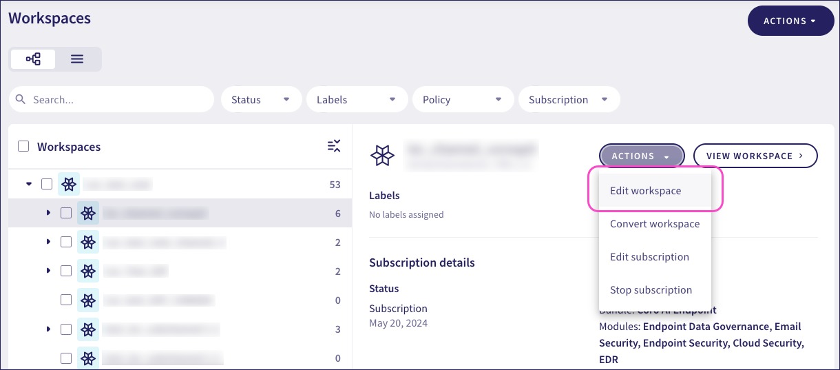 Actions menu