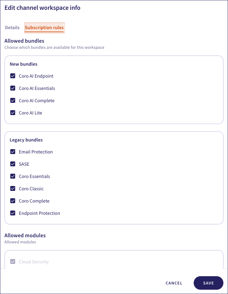 Subscriptions rules tab