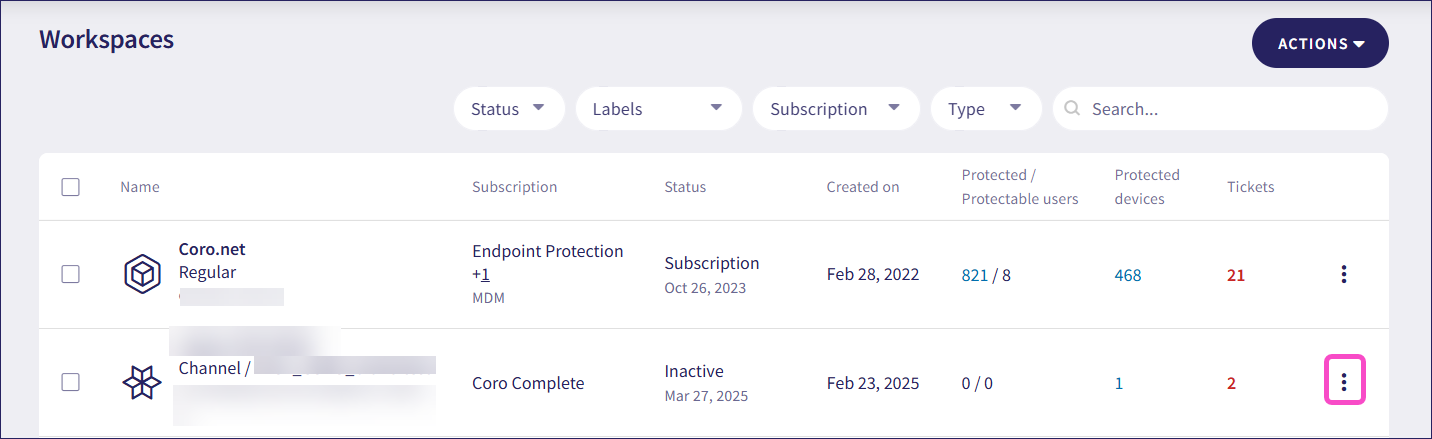 Workspace action menu