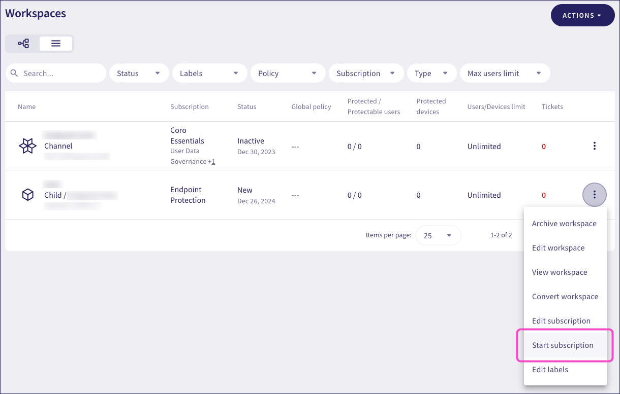 Workspace action menu