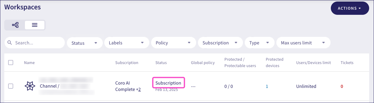 Active workspace subscription