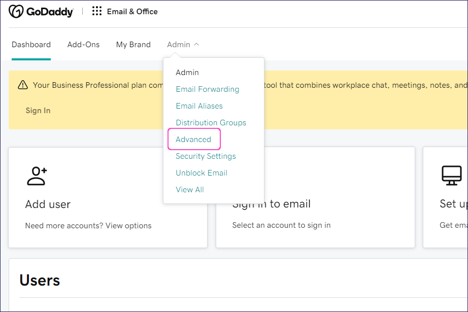GoDaddy Admin Advanced link