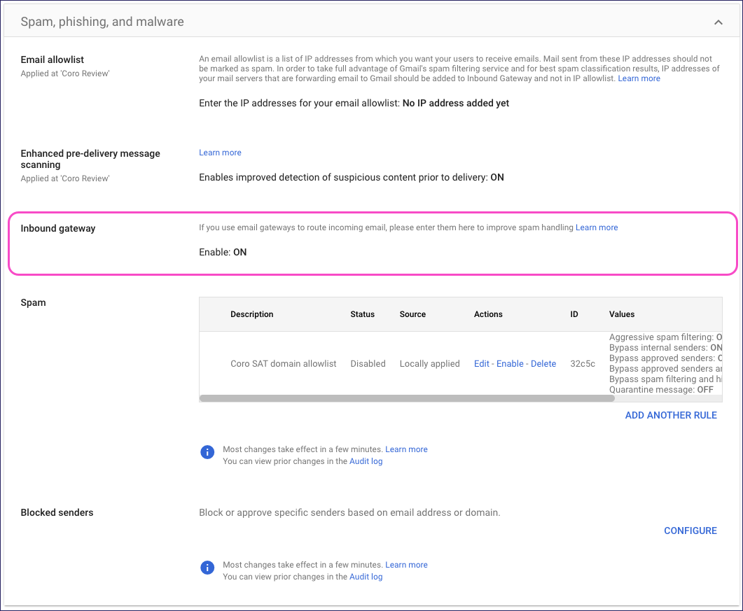 Gmail - selecting Inbound gateway