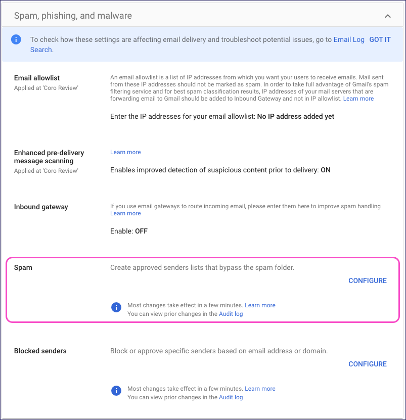 Gmail - selecting Spam configuration