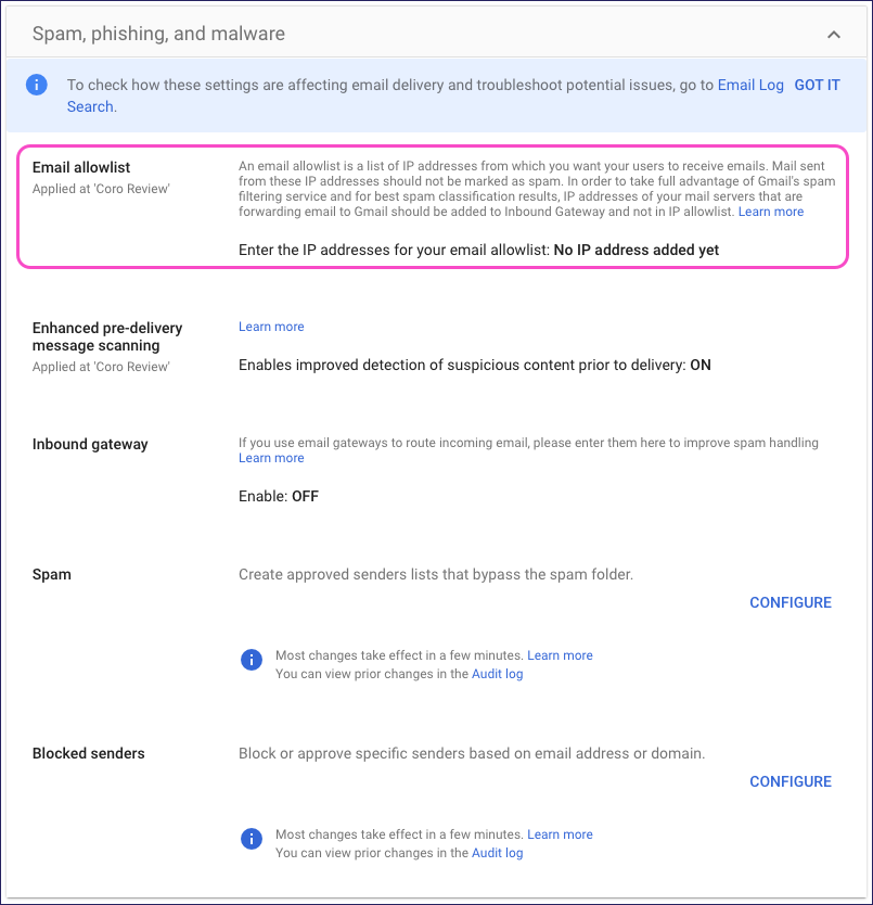 Gmail - selecting Email allowlist