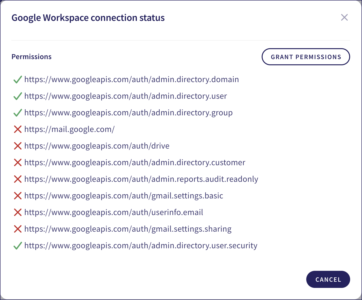 Google missing permissions dialog