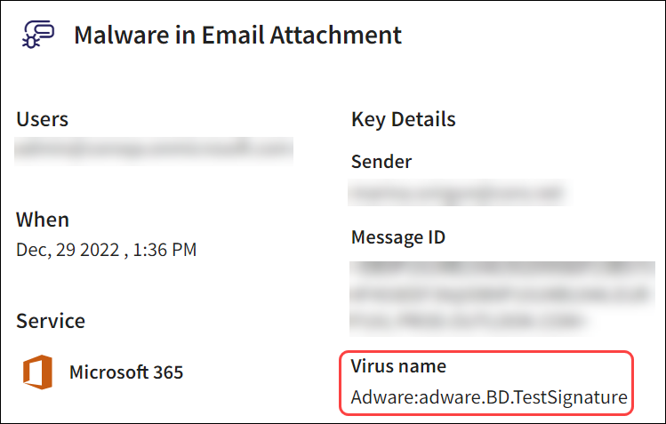 Virus name in Email ticket details