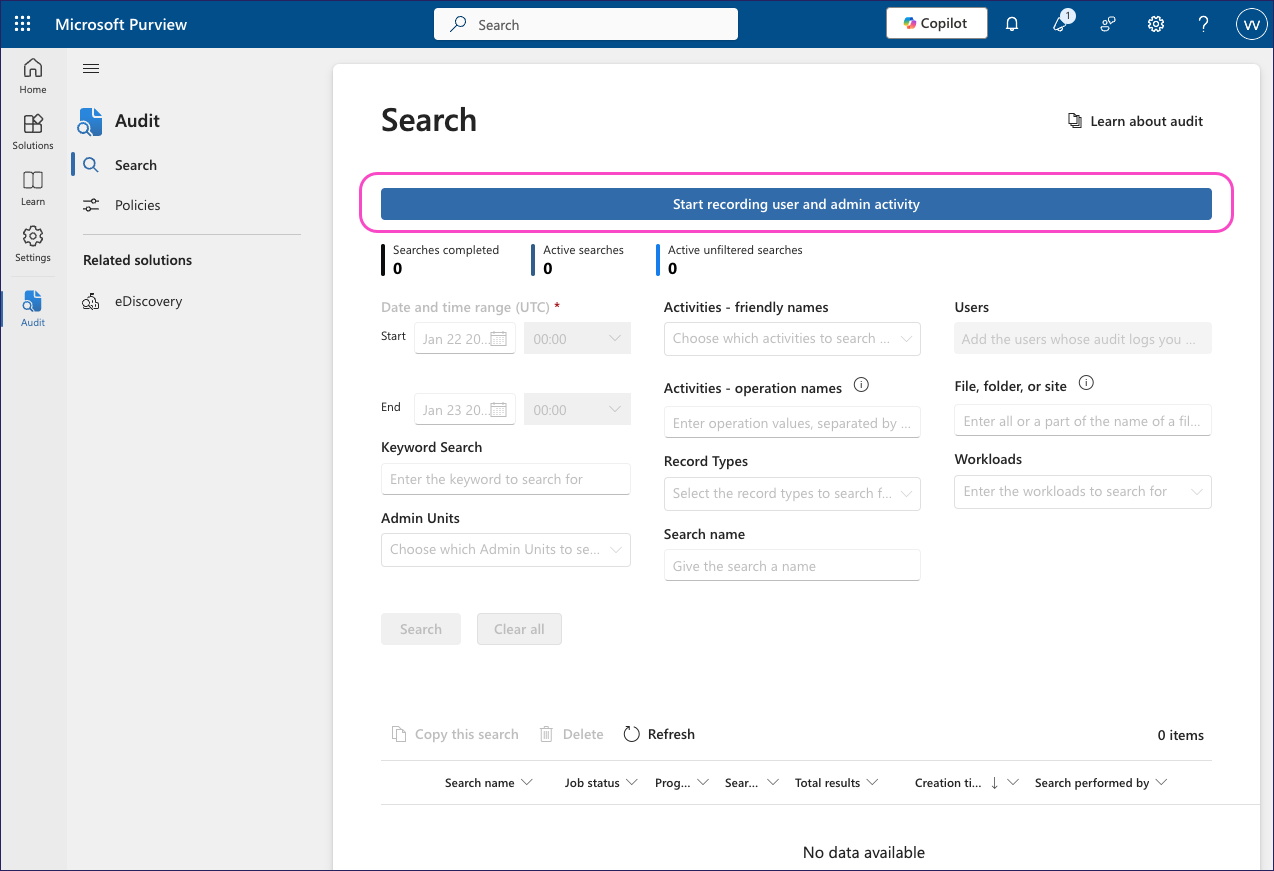 Microsoft Purview Audit logs enable