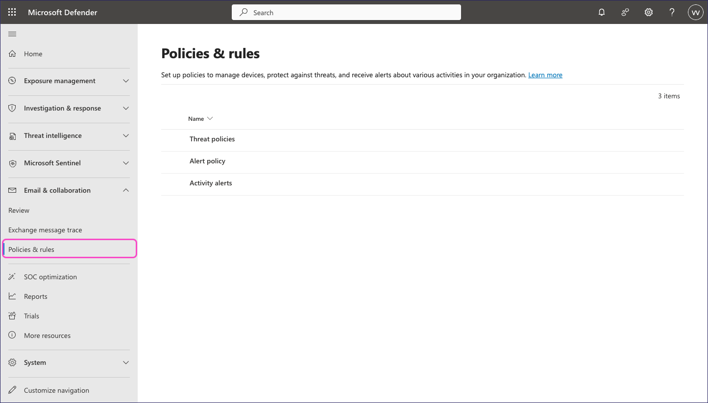 Microsoft Defender - Policies and rules