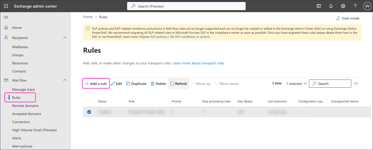 Adding a new mail flow rule