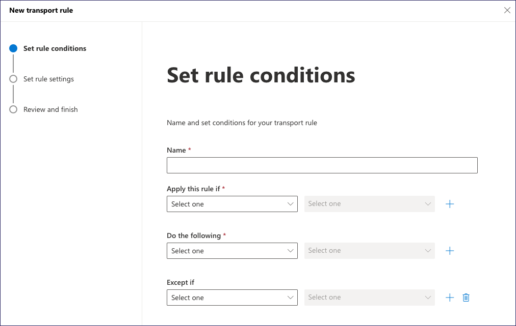 New transport rule dialog - Set rule conditions