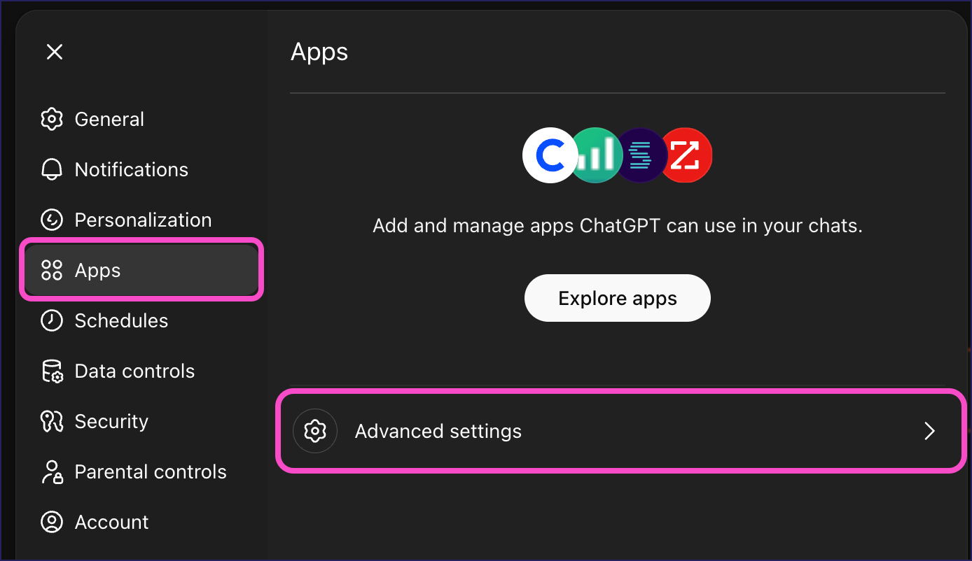 Selecting Advanced settings from the Apps page