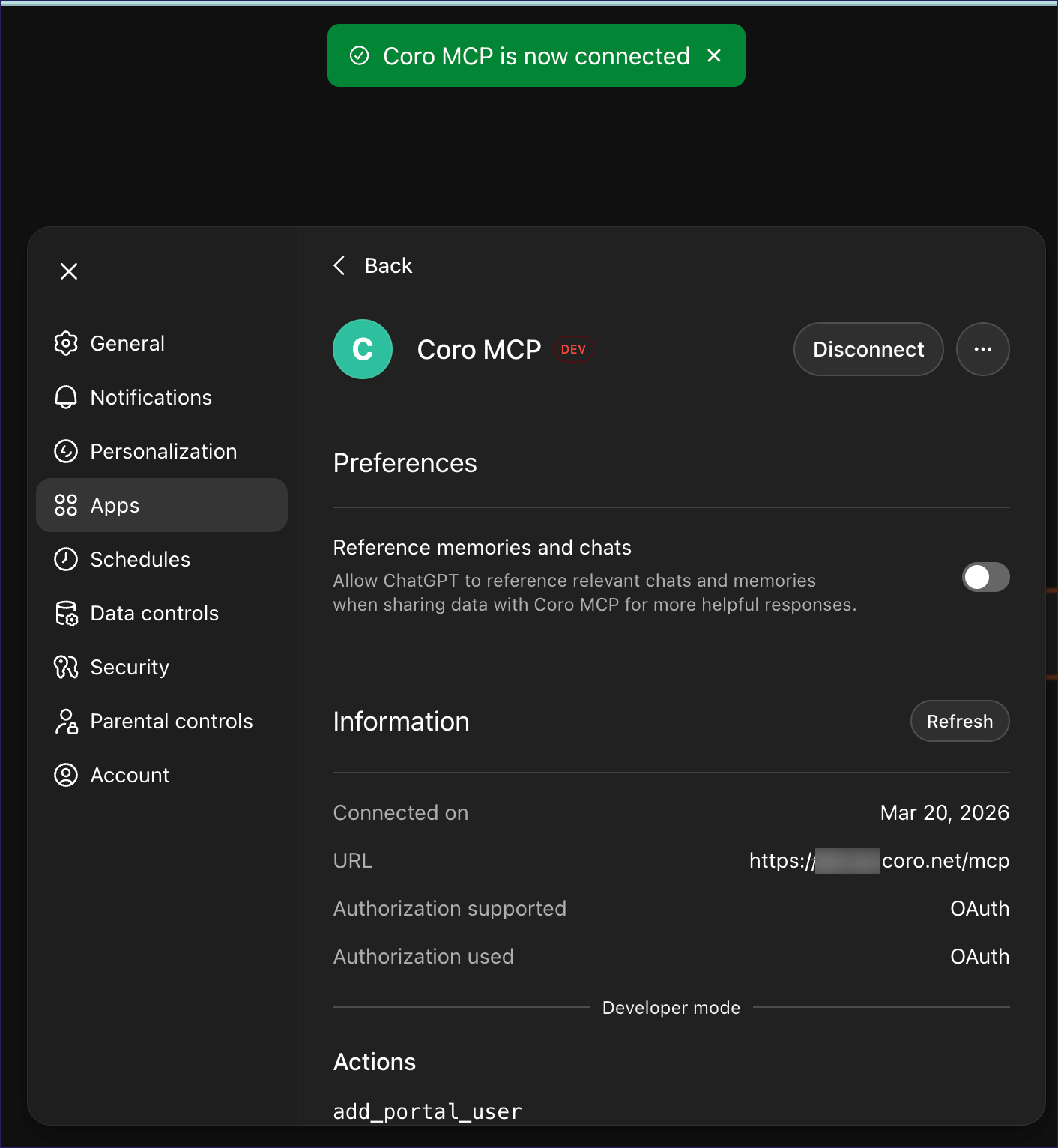 Your Coro MCP server app is now connected