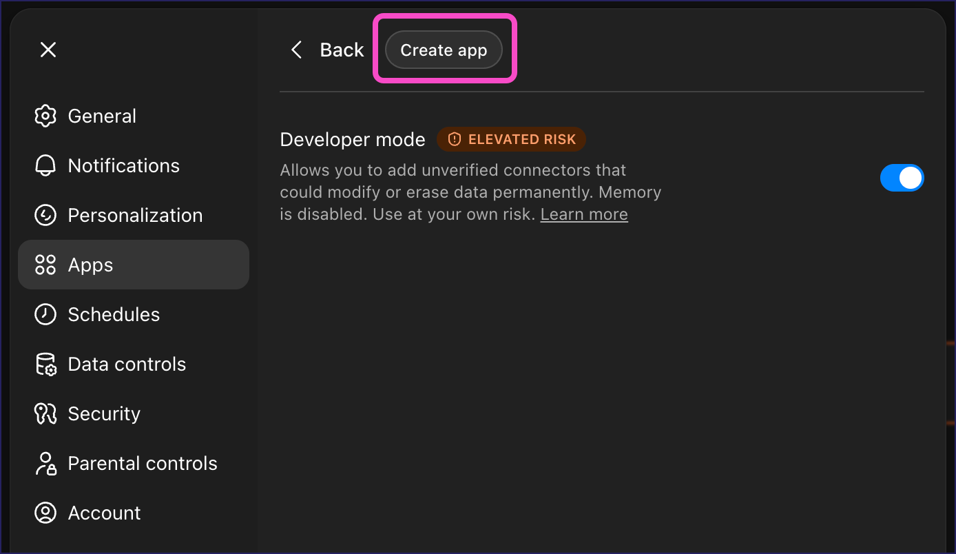Selecting the Create app button