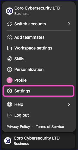 Selecting Settings from the account menu