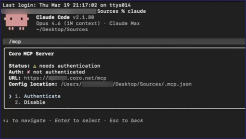 Authenticating the Coro MCP server at the Claude Code prompt