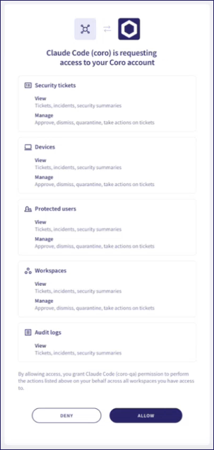 Coro's Claude Code access request dialog