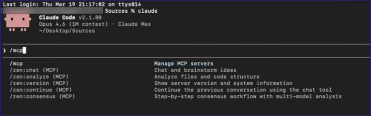 Typing mcp at the Claude Code prompt