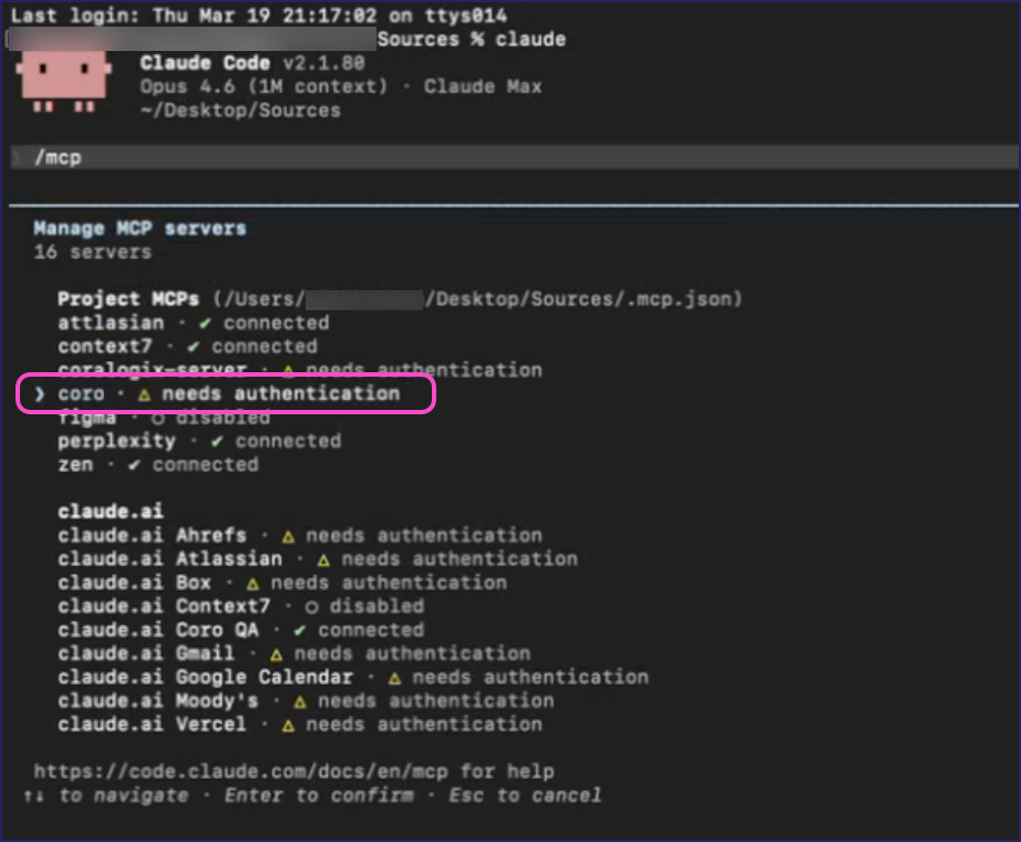 Selecting the Coro MCP server at the Claude Code prompt