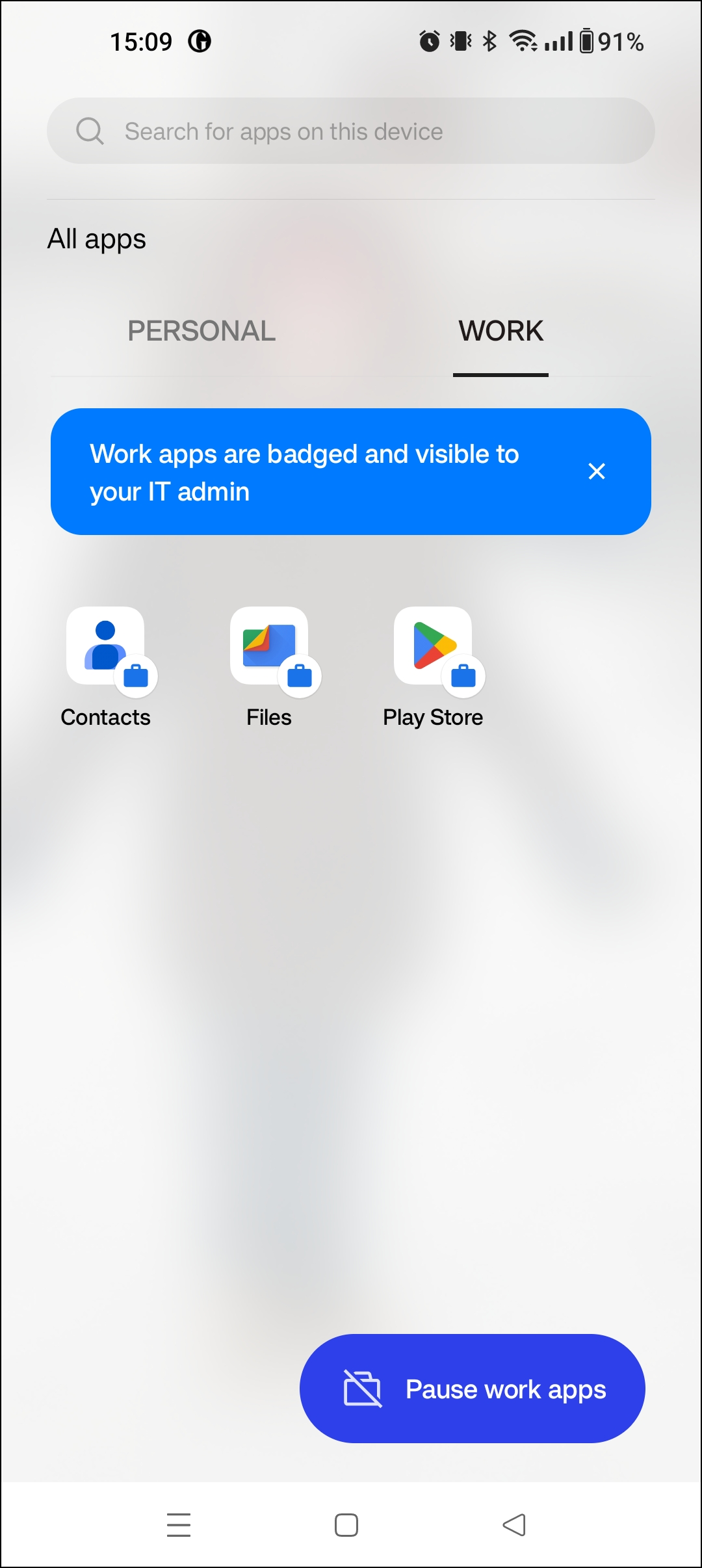 Switching between personal and work profile app lists