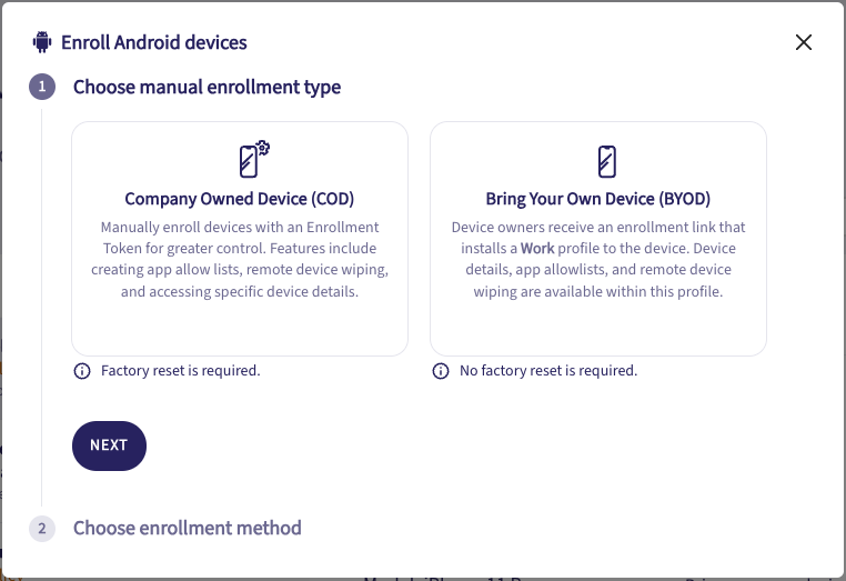 Enroll new Android device dialog