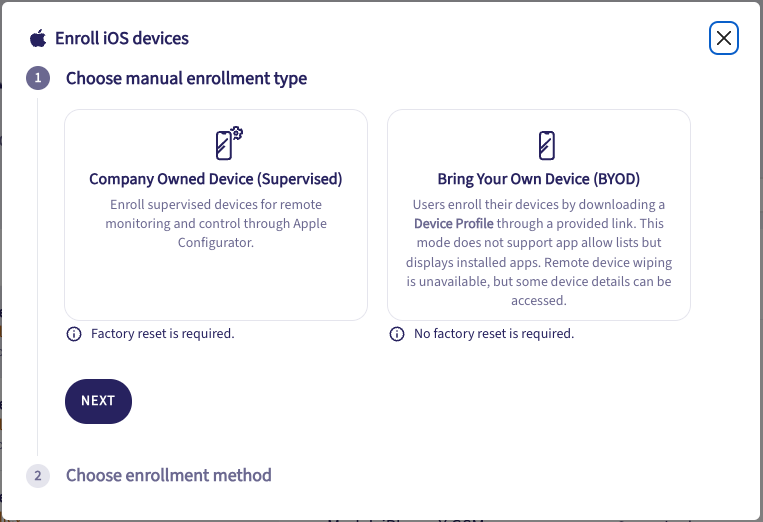 Enroll new iOS device dialog