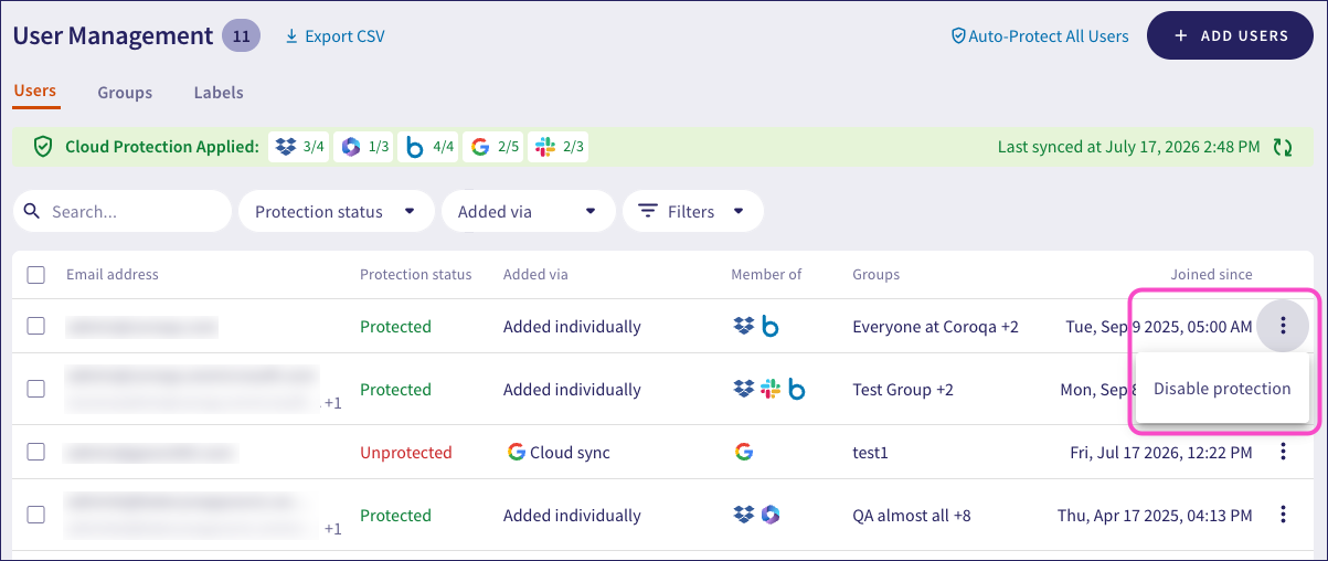 Protected users menu options - disable protection