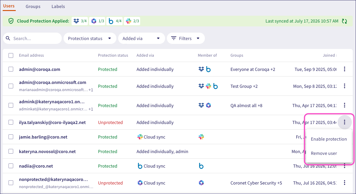 Protected users menu options
