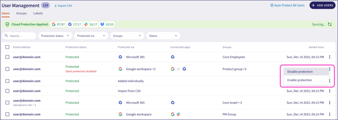 Protected users menu options